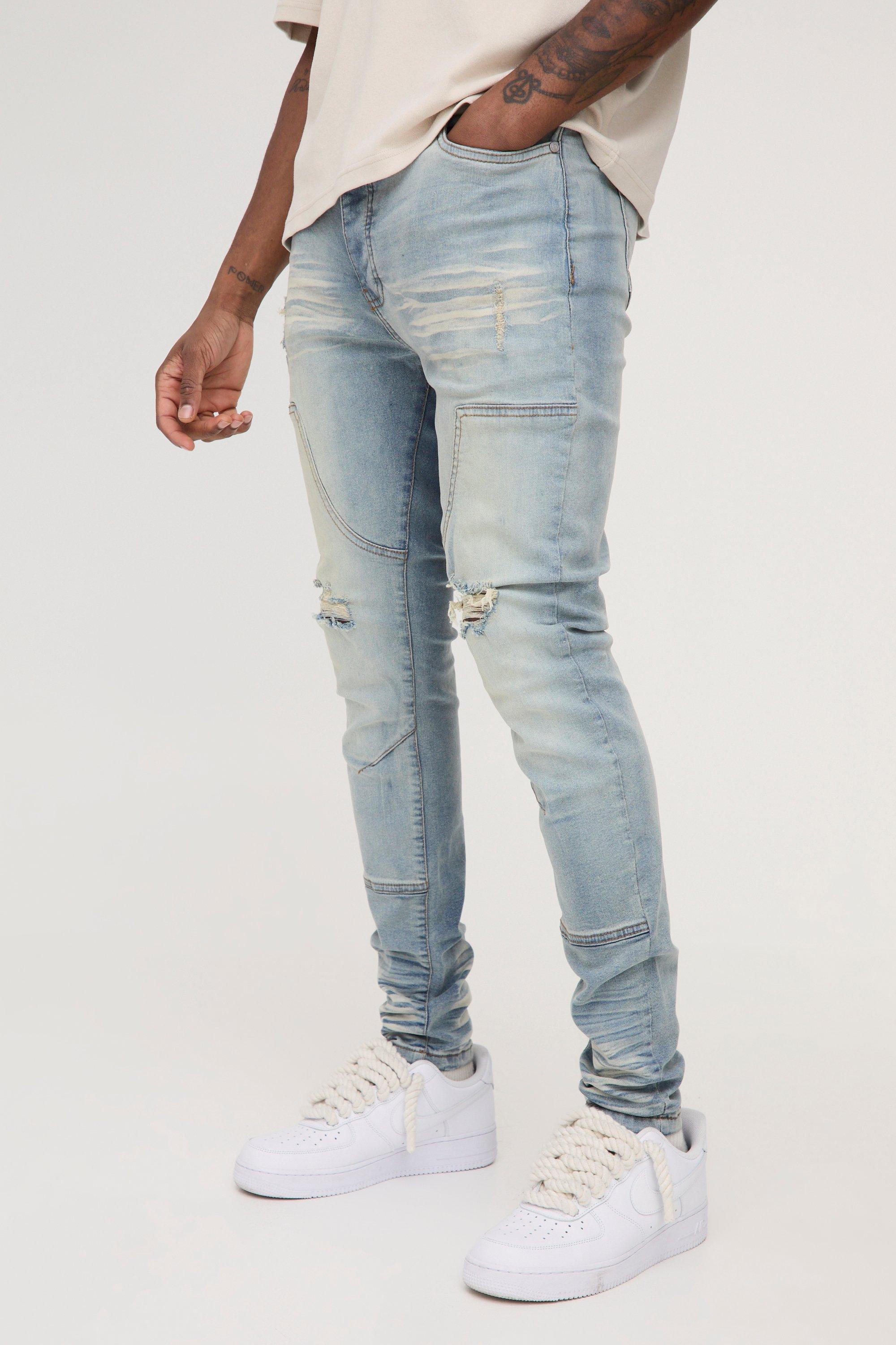 Mens Blue Tall Overdye Skinny Distressed Carpenter Jeans, Blue